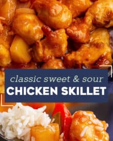 This Sweet and Sour Chicken Skillet is the perfect family dinner! Chicken is fried until crispy, added to a skillet with sautéed bell peppers, onions and pineapple, and tossed in an amazing takeout style sweet and sour sauce! #sweetandsour #chicken #chinese #takeout