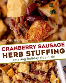 This Apple and Cranberry Sausage Stuffing is loaded with classic Fall flavors. The wine butter and herb broth makes for a fun and delicious stuffing recipe for Thanksgiving, Christmas, or even a great Fall dinner. #stuffing #Thanksgiving #holiday #sidedish