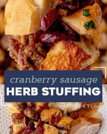 This Apple and Cranberry Sausage Stuffing is loaded with classic Fall flavors. The wine butter and herb broth makes for a fun and delicious stuffing recipe for Thanksgiving, Christmas, or even a great Fall dinner. #stuffing #Thanksgiving #holiday #sidedish