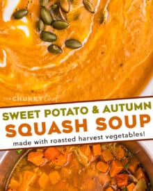 This Butternut Squash and Sweet Potato Soup is the ultimate in Fall and Winter comfort food. Roasting the squash and potatoes add such a deep caramelized flavor that is just unbeatable! The soup is also freezer-friendly! #soup #butternutsquash #sweetpotato #harvest