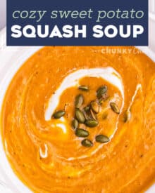 This Butternut Squash and Sweet Potato Soup is the ultimate in Fall and Winter comfort food. Roasting the squash and potatoes add such a deep caramelized flavor that is just unbeatable! The soup is also freezer-friendly! #soup #butternutsquash #sweetpotato #harvest