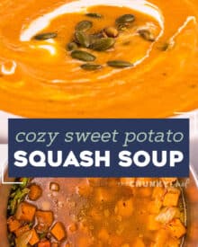 This Butternut Squash and Sweet Potato Soup is the ultimate in Fall and Winter comfort food. Roasting the squash and potatoes add such a deep caramelized flavor that is just unbeatable! The soup is also freezer-friendly! #soup #butternutsquash #sweetpotato #harvest