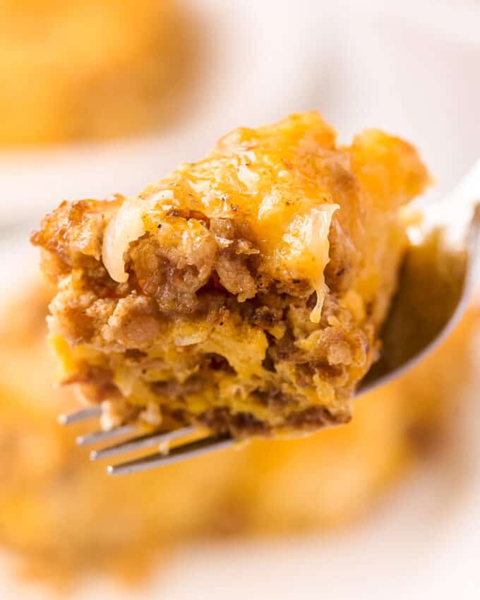 bite of breakfast casserole on fork