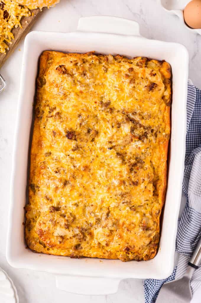 biscuit casserole in white baking dish