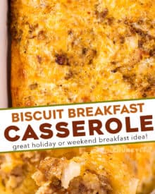 This Cheesy Biscuit Breakfast Casserole is the ultimate easy breakfast recipe! Deliciously savory with hints of sweetness, this casserole is easy to prep ahead and even freeze. #breakfast #casserole #biscuit #sausage #egg #cheese