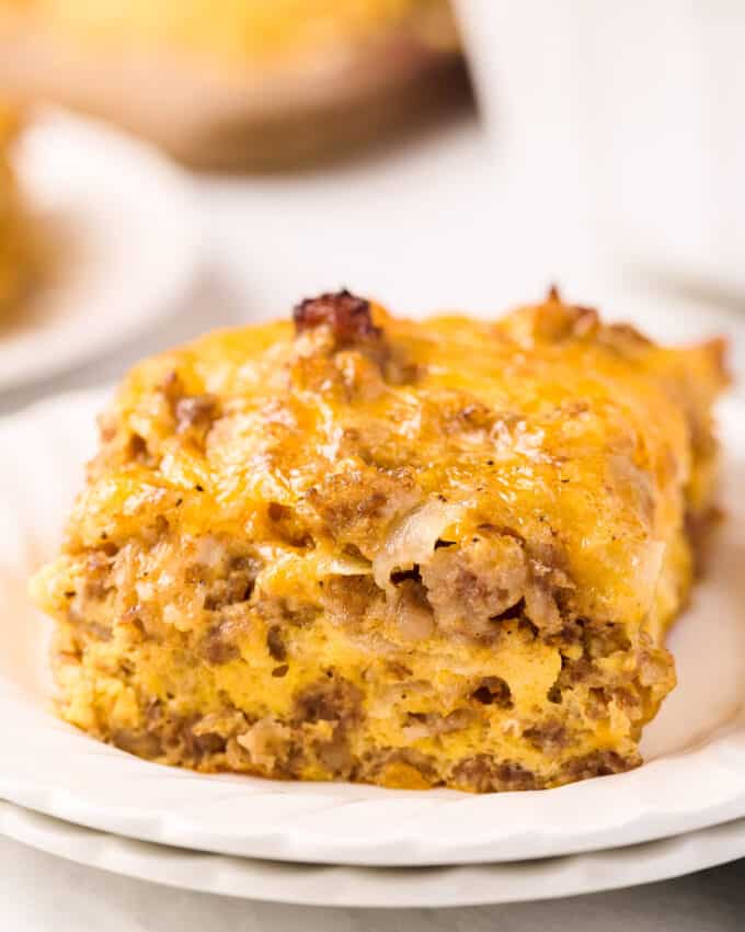 slice of breakfast casserole on white plate