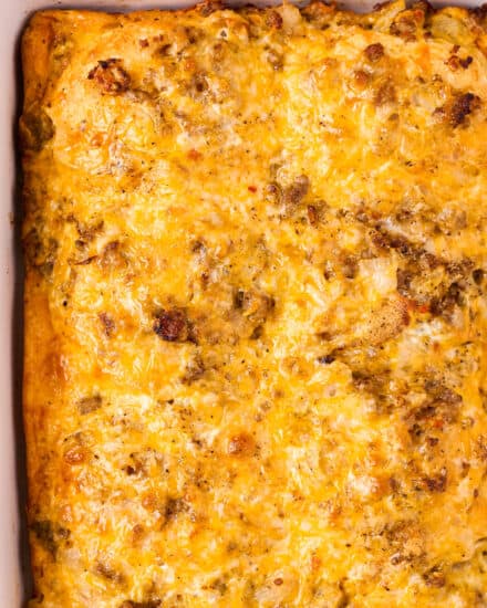 This Cheesy Biscuit Breakfast Casserole is the ultimate easy breakfast recipe! Deliciously savory with hints of sweetness, this casserole is easy to prep ahead and even freeze. #breakfast #casserole #biscuit #sausage #egg #cheese