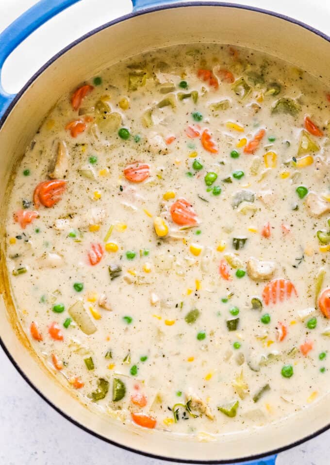 chicken pot pie soup in a dutch oven