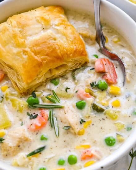 All the amazing savory flavors of a classic chicken pot pie, turned into a deliciously creamy, chowder-like soup! Chicken pot pie soup is a hearty dinner idea the whole family will love. #soup #chickenpotpie #chickensoup