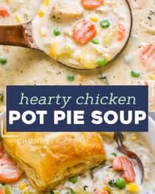 All the amazing savory flavors of a classic chicken pot pie, turned into a deliciously creamy, chowder-like soup! Chicken pot pie soup is a hearty dinner idea the whole family will love. #soup #chickenpotpie #chickensoup