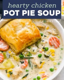 All the amazing savory flavors of a classic chicken pot pie, turned into a deliciously creamy, chowder-like soup! Chicken pot pie soup is a hearty dinner idea the whole family will love. #soup #chickenpotpie #chickensoup