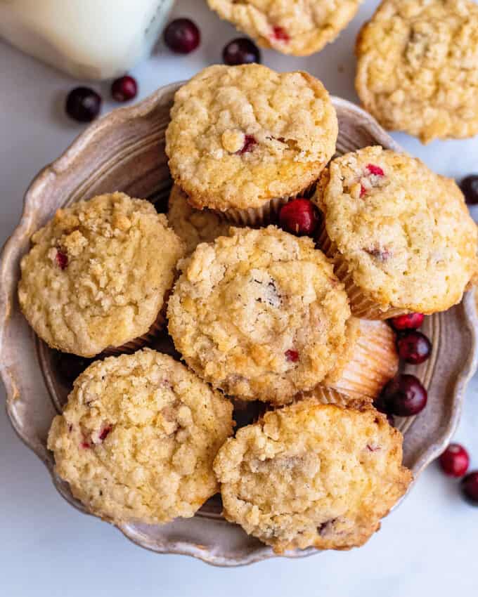 cranberry muffins in shallow bowl