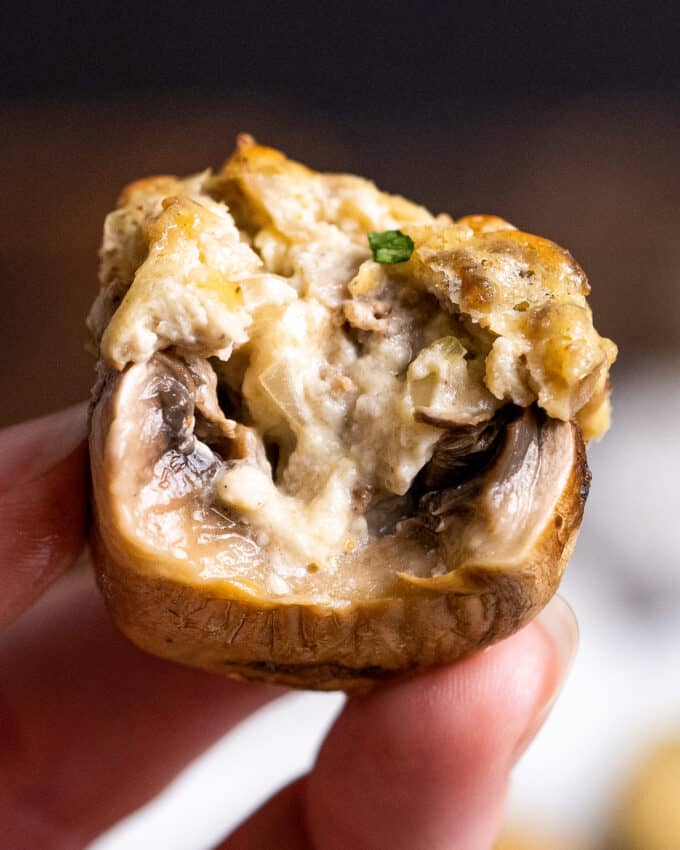 stuffed mushroom with a bite taken out