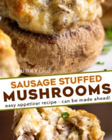 These Italian Sausage Stuffed Mushrooms are the ultimate party appetizer! Stuffed with a creamy sausage filling, then baked until deliciously golden, every bite is a flavor explosion. They can even be assembled and prepped ahead of time! #stuffedmushrooms #sausage #appetizer #fingerfood