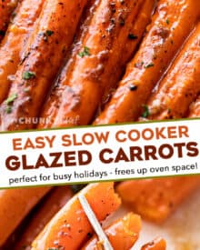 Tender whole baby carrots are coated in a sweet and savory glaze, then "roasted" in the slow cooker!  Free up your oven with this EASY side dish that's perfect for the holidays! #carrots #sidedish #holidayrecipe