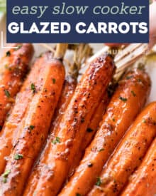 Tender whole baby carrots are coated in a sweet and savory glaze, then "roasted" in the slow cooker!  Free up your oven with this EASY side dish that's perfect for the holidays! #carrots #sidedish #holidayrecipe