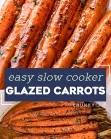 Tender whole baby carrots are coated in a sweet and savory glaze, then "roasted" in the slow cooker!  Free up your oven with this EASY side dish that's perfect for the holidays! #carrots #sidedish #holidayrecipe