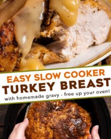 Perfectly moist and tender bone in turkey breast, made easily in the slow cooker! Great to free up your oven for side dishes, and the perfect size for a smaller family Thanksgiving. Enjoy a more stress-free holiday! #turkeybreast #slowcooker #crockpot #gravy #thanksgiving