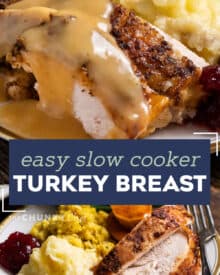 Perfectly moist and tender bone in turkey breast, made easily in the slow cooker! Great to free up your oven for side dishes, and the perfect size for a smaller family Thanksgiving. Enjoy a more stress-free holiday! #turkeybreast #slowcooker #crockpot #gravy #thanksgiving