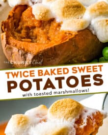 These Twice Baked Sweet Potatoes are perfectly sweetened with brown sugar, warm Fall spices, then topped with mini marshmallows. They're like amazing individual sweet potato casseroles, and perfect for the holidays! #sweetpotatoes #thanksgiving #sidedish