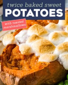These Twice Baked Sweet Potatoes are perfectly sweetened with brown sugar, warm Fall spices, then topped with mini marshmallows. They're like amazing individual sweet potato casseroles, and perfect for the holidays! #sweetpotatoes #thanksgiving #sidedish