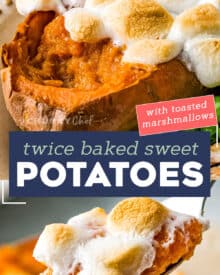 These Twice Baked Sweet Potatoes are perfectly sweetened with brown sugar, warm Fall spices, then topped with mini marshmallows. They're like amazing individual sweet potato casseroles, and perfect for the holidays! #sweetpotatoes #thanksgiving #sidedish