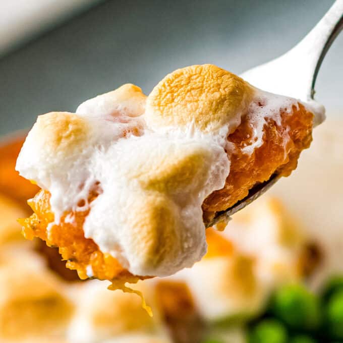 forkful of candied sweet potatoes with marshmallows