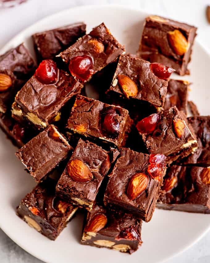 pile of chocolate fudge on white plate