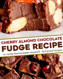 This Cherry Almond Chocolate Fudge is thick, smooth, and oh so chocolate-y, and studded with salted almonds and sweet candied cherries. Made easily with NO candy thermometer, this fool-proof fudge recipe is perfect for any holiday! #fudge #chocolate #cherry #nobakedessert