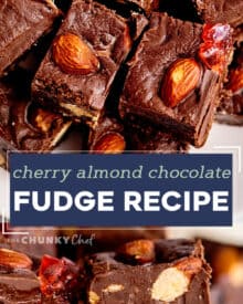 This Cherry Almond Chocolate Fudge is thick, smooth, and oh so chocolate-y, and studded with salted almonds and sweet candied cherries. Made easily with NO candy thermometer, this fool-proof fudge recipe is perfect for any holiday! #fudge #chocolate #cherry #nobakedessert