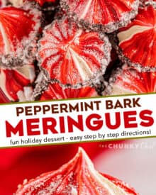 Crunchy and light meringue cookies are flavored with a hint of sweet peppermint, and swirled with red coloring. They are dipped in smooth chocolate and then sprinkled with peppermint pieces for flavor and crunch. #meringue #cookies #peppermint #baking