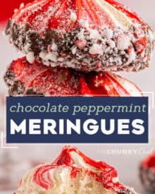 Crunchy and light meringue cookies are flavored with a hint of sweet peppermint, and swirled with red coloring. They are dipped in smooth chocolate and then sprinkled with peppermint pieces for flavor and crunch. #meringue #cookies #peppermint #baking