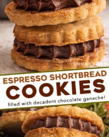 These Espresso Shortbread Sandwich Cookies are made with a buttery shortbread base that's flecked with espresso powder and filled with a decadent chocolate ganache. Perfect for any holiday gathering or cookie tray, these cookies positively melt in your mouth! #shortbread #cookies #holiday #baking #dessert