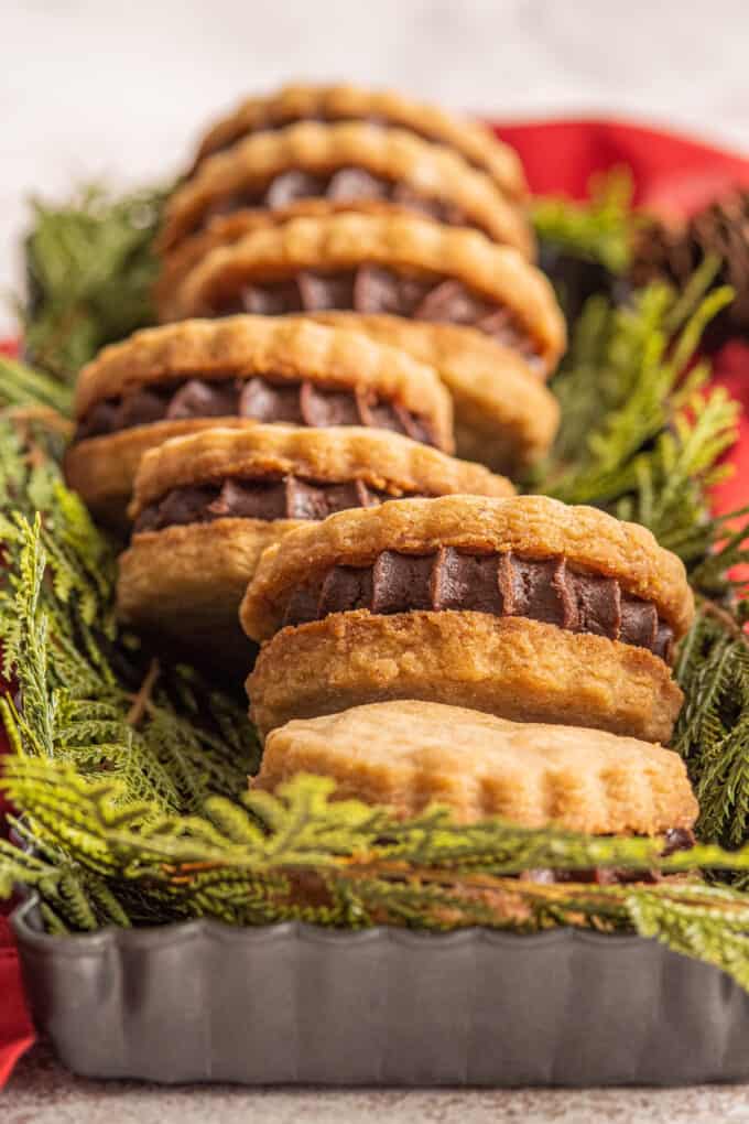 These Espresso Shortbread Sandwich Cookies are made with a buttery shortbread base that's flecked with espresso powder and filled with a decadent chocolate ganache. Perfect for any holiday gathering or cookie tray, these cookies positively melt in your mouth! #shortbread #cookies #holiday #baking #dessert