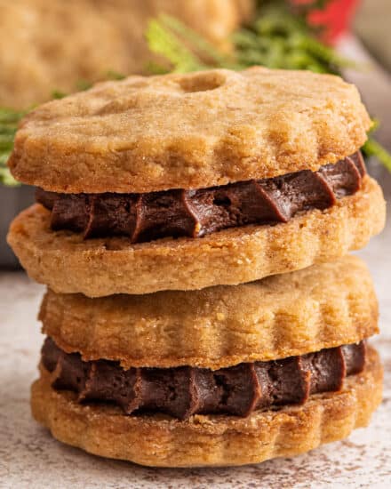 These Espresso Shortbread Sandwich Cookies are made with a buttery shortbread base that's flecked with espresso powder and filled with a decadent chocolate ganache. Perfect for any holiday gathering or cookie tray, these cookies positively melt in your mouth! #shortbread #cookies #holiday #baking #dessert