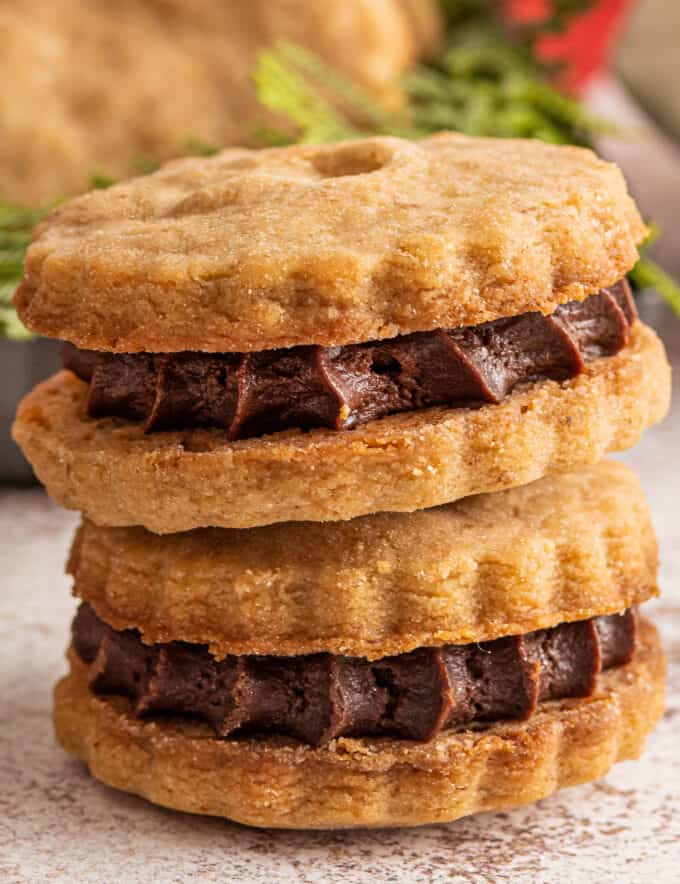 These Espresso Shortbread Sandwich Cookies are made with a buttery shortbread base that's flecked with espresso powder and filled with a decadent chocolate ganache. Perfect for any holiday gathering or cookie tray, these cookies positively melt in your mouth! #shortbread #cookies #holiday #baking #dessert