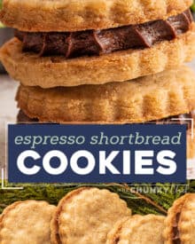 These Espresso Shortbread Sandwich Cookies are made with a buttery shortbread base that's flecked with espresso powder and filled with a decadent chocolate ganache. Perfect for any holiday gathering or cookie tray, these cookies positively melt in your mouth! #shortbread #cookies #holiday #baking #dessert