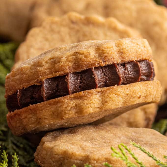 shortbread cookie sandwich cookies in tin with holiday decor