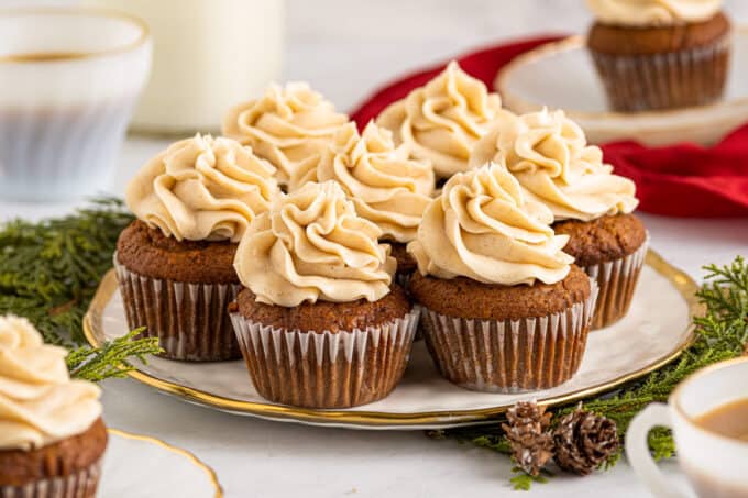 gingerbread cupcakes on plate with holiday decor