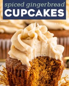 These moist and tender Gingerbread Cupcakes are packed with the rich flavor of molasses and warm holiday spices. Topped with a silky vanilla and cinnamon cream cheese frosting, these cupcakes are the perfect holiday dessert! #cupcakes #gingerbread #baking #dessert