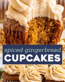 These moist and tender Gingerbread Cupcakes are packed with the rich flavor of molasses and warm holiday spices. Topped with a silky vanilla and cinnamon cream cheese frosting, these cupcakes are the perfect holiday dessert! #cupcakes #gingerbread #baking #dessert