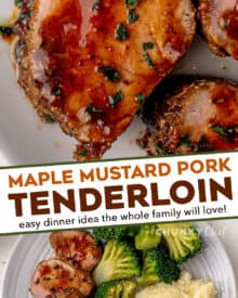This juicy and tender Maple Mustard Pork Tenderloin is crusted in a dry rub, seared in a skillet until golden brown, then roasted in a mouthwatering maple mustard sauce until glazed and perfectly cooked! Pork tenderloin is a fabulous weeknight dinner idea, and you'll want to put that maple mustard sauce on everything in sight! #pork #tenderloin #bakedpork #dinnerrecipe