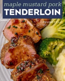 This juicy and tender Maple Mustard Pork Tenderloin is crusted in a dry rub, seared in a skillet until golden brown, then roasted in a mouthwatering maple mustard sauce until glazed and perfectly cooked! Pork tenderloin is a fabulous weeknight dinner idea, and you'll want to put that maple mustard sauce on everything in sight! #pork #tenderloin #bakedpork #dinnerrecipe