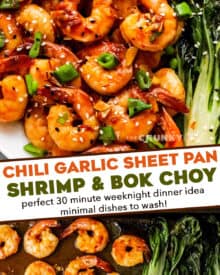 This easy sheet pan meal has shrimp and baby bok choy tossed in a mouthwatering chili garlic sauce, then cooked together on a baking sheet. Dinner is ready in 20-30 minutes, and you have way less dishes to wash! #shrimp #sheetpan #bokchoy