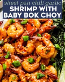 This easy sheet pan meal has shrimp and baby bok choy tossed in a mouthwatering chili garlic sauce, then cooked together on a baking sheet. Dinner is ready in 20-30 minutes, and you have way less dishes to wash! #shrimp #sheetpan #bokchoy