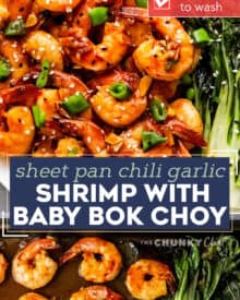 This easy sheet pan meal has shrimp and baby bok choy tossed in a mouthwatering chili garlic sauce, then cooked together on a baking sheet. Dinner is ready in 20-30 minutes, and you have way less dishes to wash! #shrimp #sheetpan #bokchoy