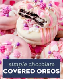 Classic Oreo cookies, completely coated in silky tinted white chocolate, then decorated with colorful and fun sprinkles and drizzles of more chocolate. This simple no-bake dessert recipe uses minimal ingredients, is easy enough for kids to make, and can be decorated for any holiday or event! #dessert #nobake #oreo