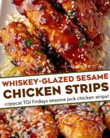Crunchy chicken strips breaded simply and fried to crispy perfection, then tossed in a mouthwatering whiskey glaze! This copycat recipe tastes just like that appetizer from TGI Fridays, and is perfect for any party or fun dinner! #sesamejack #tgifridays #chickenstrips
