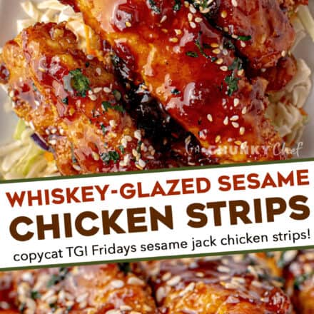 Crunchy chicken strips breaded simply and fried to crispy perfection, then tossed in a mouthwatering whiskey glaze! This copycat recipe tastes just like that appetizer from TGI Fridays, and is perfect for any party or fun dinner! #sesamejack #tgifridays #chickenstrips