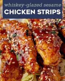 Crunchy chicken strips breaded simply and fried to crispy perfection, then tossed in a mouthwatering whiskey glaze! This copycat recipe tastes just like that appetizer from TGI Friday's, and is perfect for any party or fun dinner! #sesamejack #tgifridays #chickenstrips